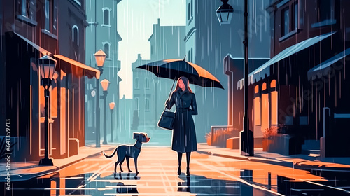 Vászonkép Woman with umbrella and dog outside, generative AI.