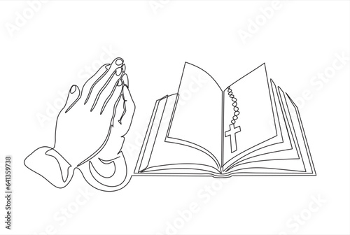 Continuous single one line drawing of open bible, cross and Two Hands Pressed Together in Prayer Position. Action for Prayer, Gratitude, Greeting and Thankful Isolated on White Background