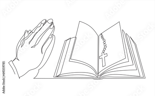 Continuous single one line drawing of open bible, cross and Two Hands Pressed Together in Prayer Position. Action for Prayer, Gratitude, Greeting and Thankful Isolated on White Background