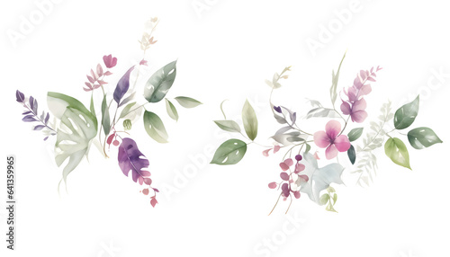 watercolor wildflowers with leaves, botanical illustration