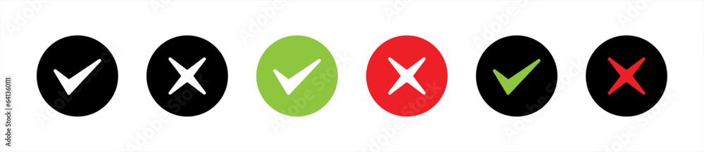 Green check mark icon set in flat style. Red cross, Modern tick, Circle tick,  Approved, Checklist, Approval badge simple black style symbol sign for apps and website, vector illustration.