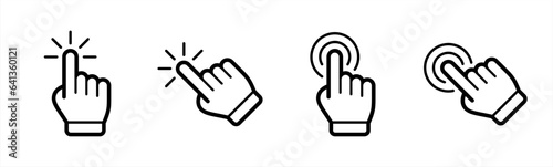 Hand click icon set in line style. Click here, Hand clicking, finger, Touch screen, pointer, cursor, gesture, mouse press push simple black style symbol sign for apps and website, vector illustration.