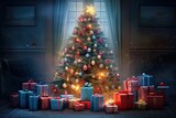 christmas tree and gifts, with christmas cdecoration and ornaments