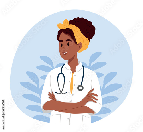 National Doctors' Day. African American woman doctor portrait. Smiling therapist, general practitioner with crossed arms. Doctor with a stethoscope. Doctor in medical uniform.