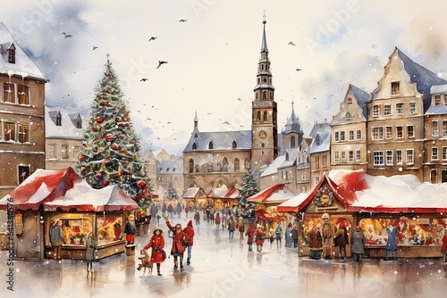 christmas market in the snow, old town downtown with snow and christmas decorations
