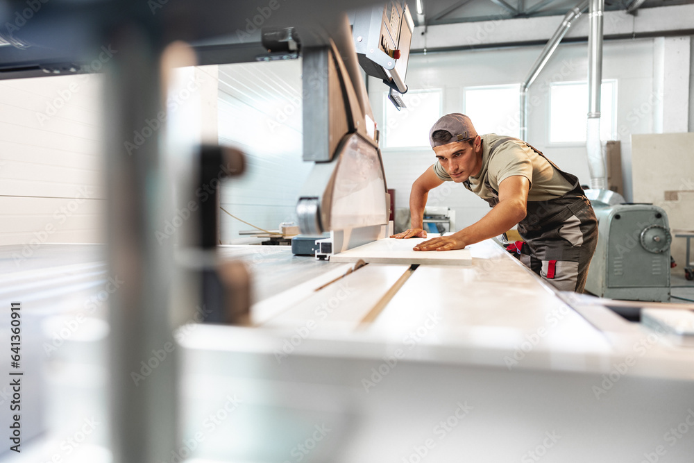 Young carpenter cutting a piece of wood in using a circular saw in furniture factory Young carpenter cutting a piece of wood in using a circular saw in furniture factory