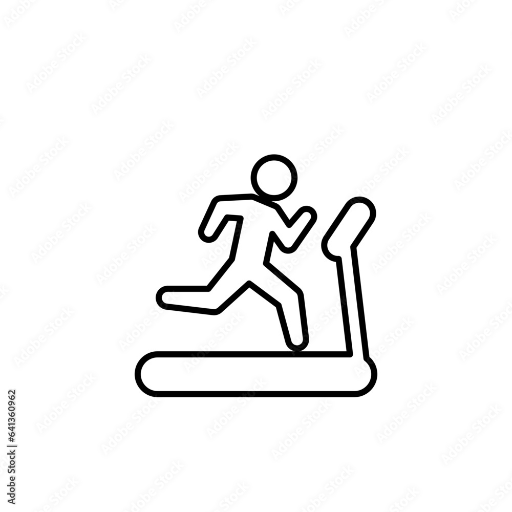 Man running on treadmill icon. Simple outline style. Run, runner, gym equipment, fitness, exercise machine, sport concept. Thin line symbol. Vector isolated on white background. SVG. Man running on treadmill icon. Simple outline style. Run, runner, gym equipment, fitness, exercise machine, sport concept. Thin line symbol. Vector isolated on white background. SVG.
