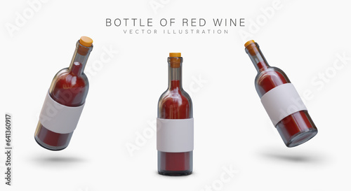 Realistic bottle of red wine in different positions. Corked alcoholic drink. Container with empty label, mockup. Set of isolated vector images with shadows