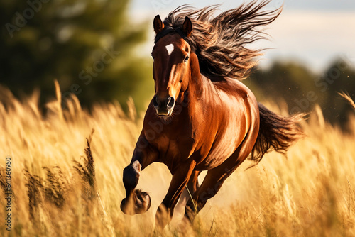 A Horse on the run. A Brown Golden Stallion in the Sun. A Running Horse on a yellow field.