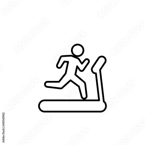 Man running on treadmill icon. Simple outline style. Run, runner, gym equipment, fitness, exercise machine, sport concept. Thin line symbol. Vector isolated on white background. SVG.
