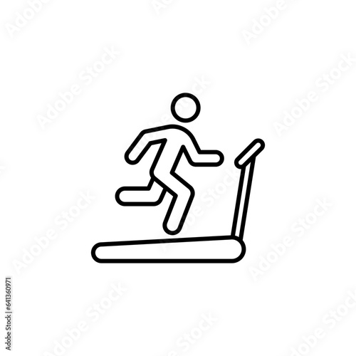 Man running on treadmill icon. Simple outline style. Run, runner, gym equipment, fitness, exercise machine, sport concept. Thin line symbol. Vector isolated on white background. SVG.