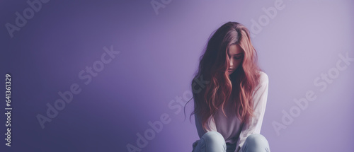 Depressed woman deep in thought, Young sad lady on purple background