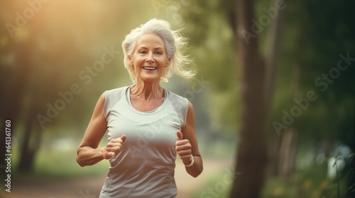 Elderly woman jogging in park. Runner. Generative AI