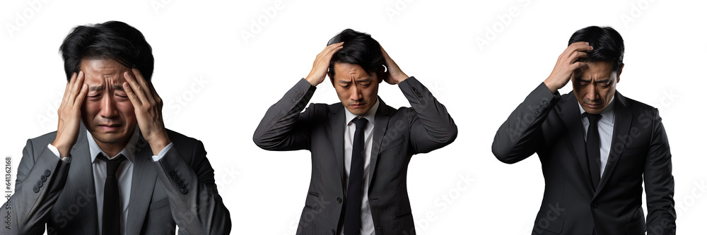 A tired and depressed Asian businessman appears gloomy clutching his head against a transparent background A tired and depressed Asian businessman appears gloomy clutching his head against a transparent background