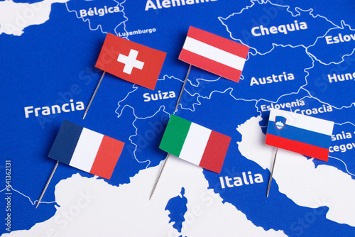 map and flag of Italy and its neighboring countries, France, Switzerland, Austria, Slovenia