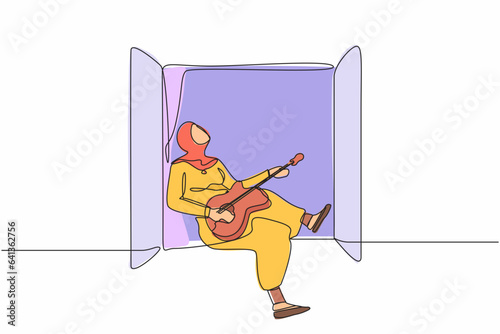 Continuous one line drawing Arabian woman sitting on windowsill and playing acoustic guitar. Rest, stay at home, melancholic, relaxation, comfort, romantic. Single line draw design vector illustration