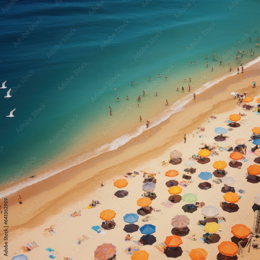 A vibrant beach scene with colorful beach umbrellas lining the sandy shore and the ocean in the background. The perfect concept for a summer vacation and travel