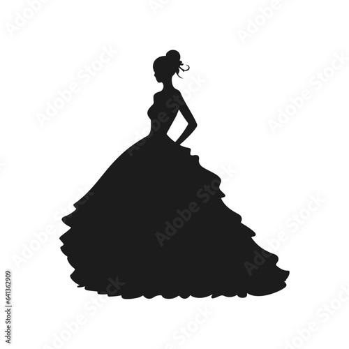 Silhouette of a young pretty woman in long dress with frill, fluffy skirt. Bride silhouette in luxury ball gown for design, prints, posters, decor, web. Slim female vintage style dress photo