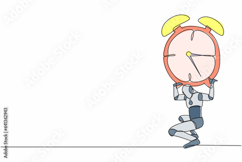Single one line drawing tired robot carrying heavy alarm clock on his back. Work pressure at tech business project. Robotic artificial intelligence. Continuous line graphic design vector illustration