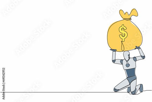 Continuous one line drawing tired robot carrying heavy money bag on his back. Finance crisis money fall down. Economic crash due to pandemic. Future technology. Single line design vector illustration