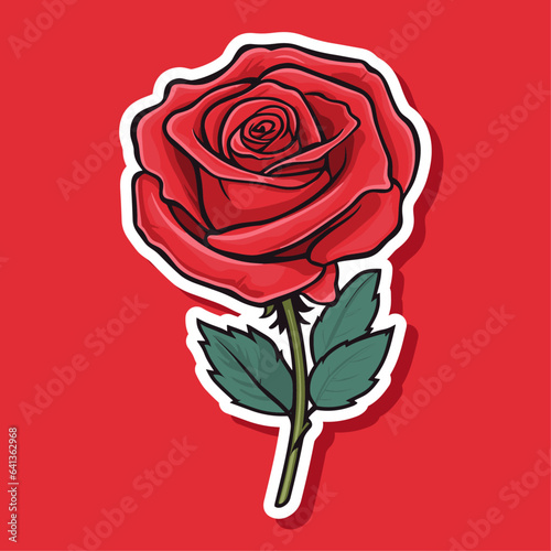 Vector a red rose flat cartoon style isolated sticker ruby rose flower with green leaves, sketch style illustration