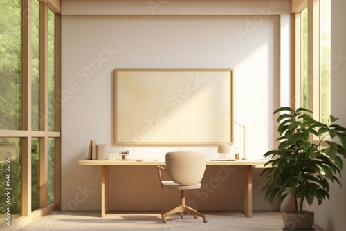 Modern office interior in beige tones featuring a chair in front of a work desk, an empty board on the wall for notes, and large windows providing ample light. Minimalist design