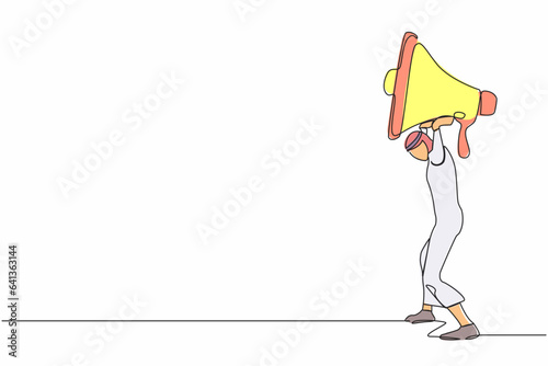 Continuous one line drawing Arabian businessman carrying heavy megaphone on his back. Troubles in communication. Bullying, harassment at work, families. Single line design vector graphic illustration
