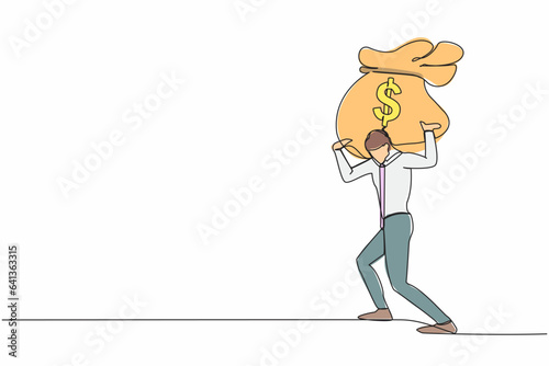 Single one line drawing exhausted businessman carrying heavy money bag on his back. Stressed worker difficult to making money. Financial crisis in pandemic. Continuous line design vector illustration