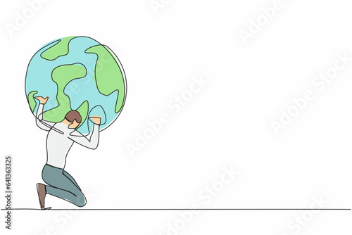 Single continuous line drawing exhausted businessman carrying heavy globe on his back. Earth exploitation, industrial pollution, natural resources. World economic crisis. One line draw design vector