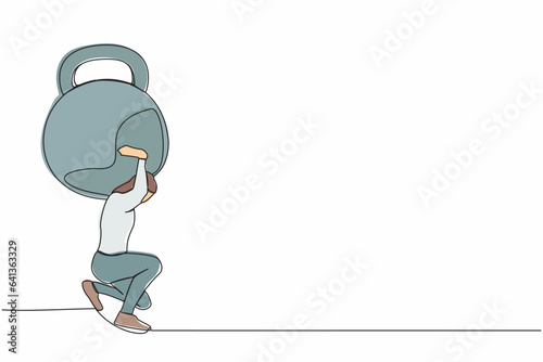 Single one line drawing exhausted businessman carrying heavy kettlebell on his back. Tension, heaviness in business life. Overwork, stress, time management. Continuous line design vector illustration