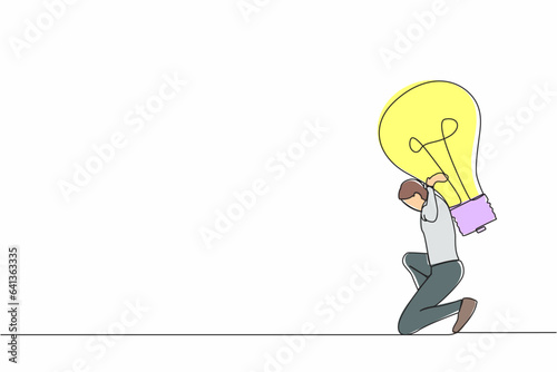 Single continuous line drawing exhausted businessman carrying heavy light bulb on his back. Uninspired or no idea after business failure, burnout in crisis. One line graphic design vector illustration