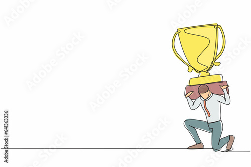 Continuous one line drawing exhausted businessman carrying heavy trophy on his back. Entrepreneur failed to win competition or business goals achievement. Single line draw design vector illustration