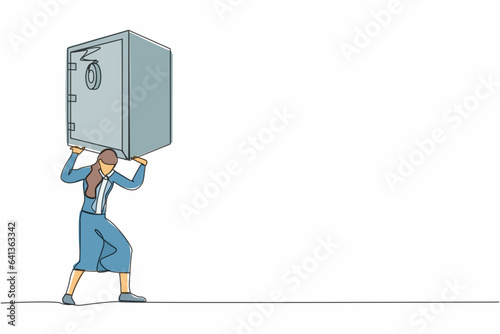 Single one line drawing frustrated businesswoman carrying heavy safe deposit box on her back. Money loss due to pandemic crisis. Debt and bankruptcy. Continuous line graphic design vector illustration