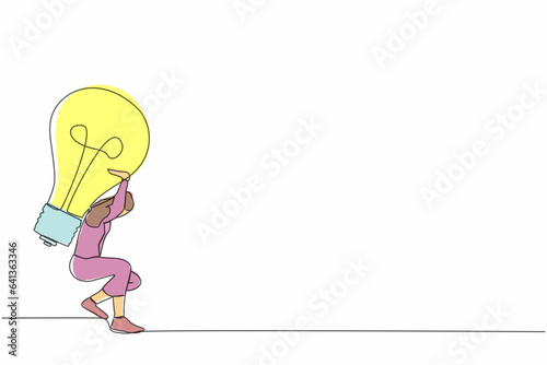 Single continuous line drawing frustrated businesswoman carrying light bulb on her back. No idea or vision after business failure, burnout or exhausted from crisis. One line design vector illustration