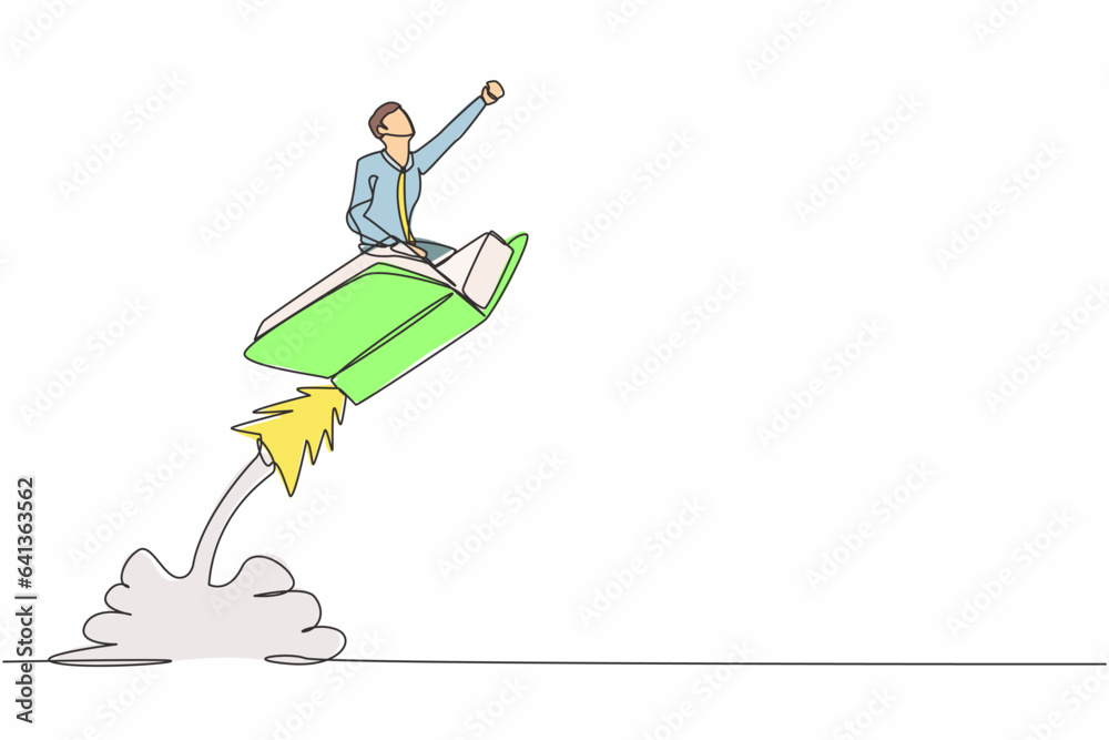 Single continuous line drawing businessman riding book rocket flying in the sky. Increase interest in reading smart students. Bookstore, education concept. One line graphic design vector illustration Single continuous line drawing businessman riding book rocket flying in the sky. Increase interest in reading smart students. Bookstore, education concept. One line graphic design vector illustration