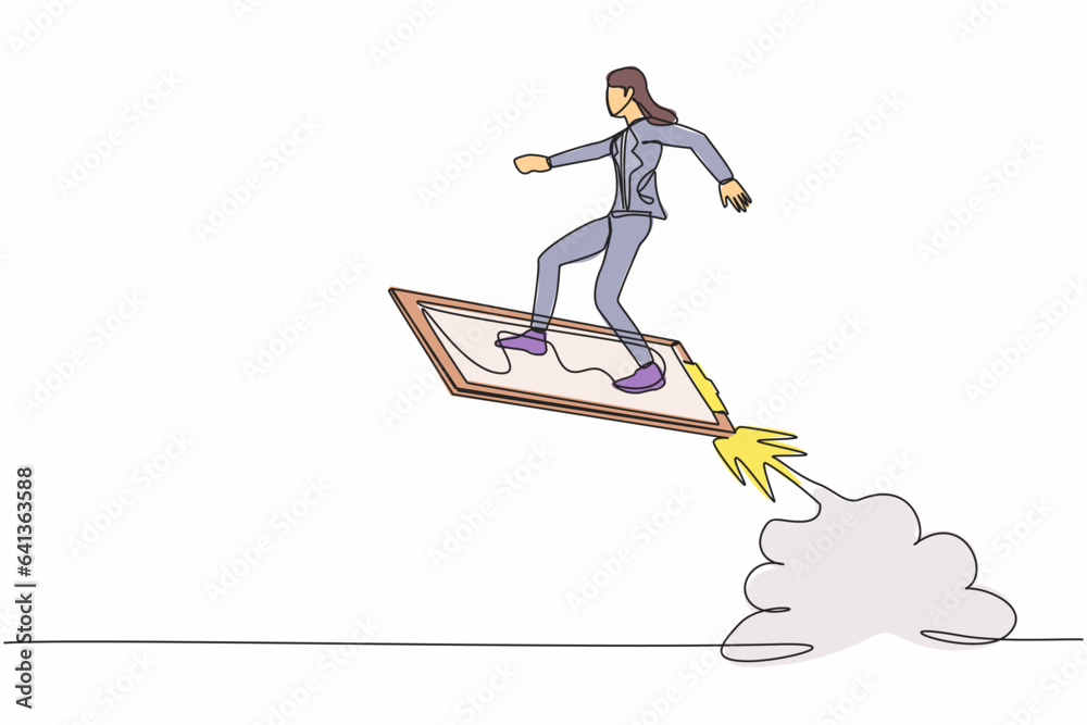 Continuous one line drawing businesswoman riding clipboard rocket flying in the sky. Checklist data analyze of employee status. Company development. Single line draw design vector graphic illustration