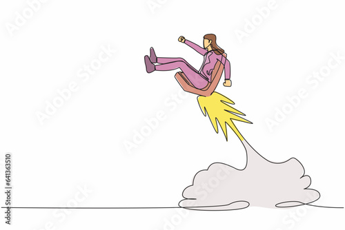 Continuous one line drawing businesswoman riding office chair rocket flying in the sky. Motivation to succeed concept. Start new career opportunity. Single line draw design vector graphic illustration