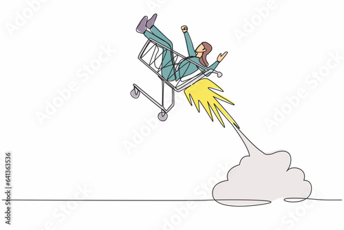 Single continuous line drawing businesswoman riding trolley cart rocket flying in the sky. Happy female or buyer shopping in department store, supermarket. One line graphic design vector illustration