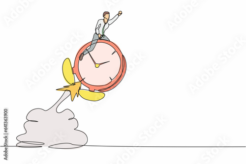 Single one line drawing businessman riding alarm clock rocket flying in the sky. Time management, manage to finish project with deadline, productivity. Continuous line draw design vector illustration