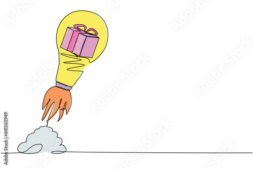Single one line drawing of gift box launching with light bulb. Fast delivery online service, technology transportation express logistic company. Continuous line draw design graphic vector illustration