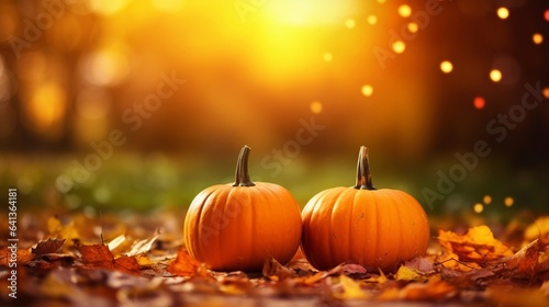 Autumnal Halloween Pumpkins on Nature Background