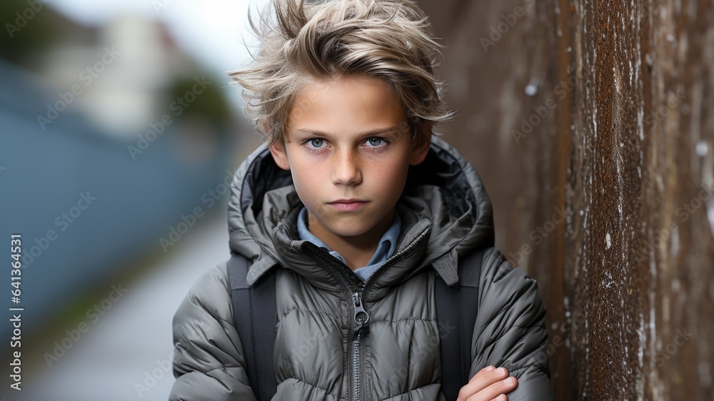 Boy facing a wall while erect.