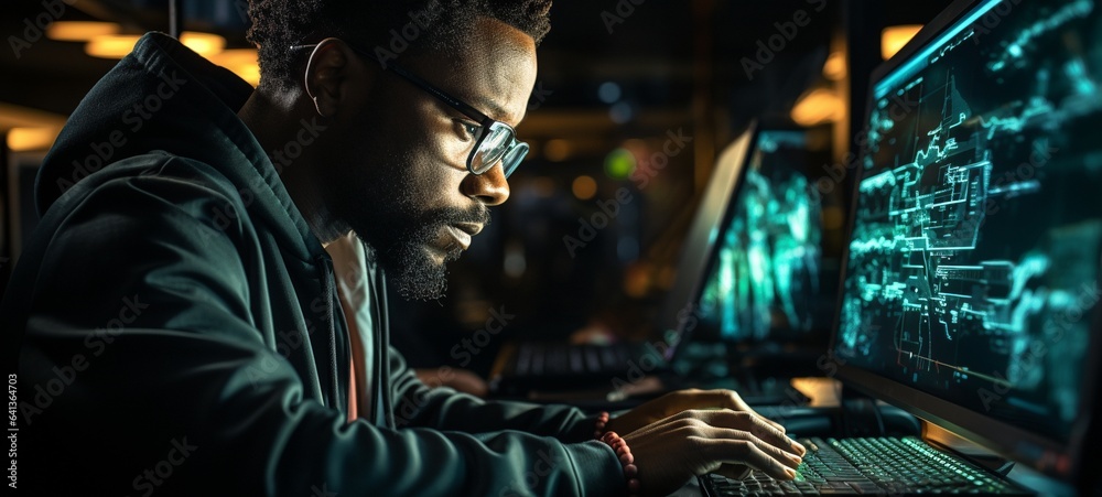 Black man working on a computer in close-up, with lines of code language reflected in his glasses. developing new software as a male programmer . Black man working on a computer in close-up, with lines of code language reflected in his glasses. developing new software as a male programmer .