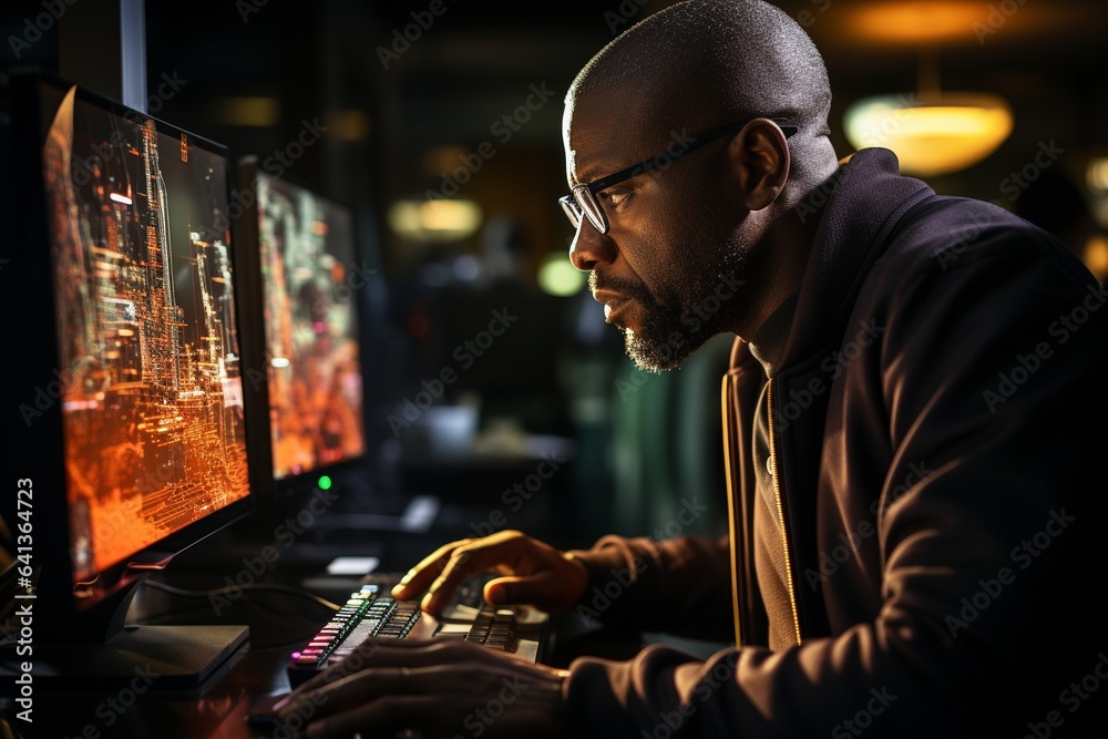 Black man working on a computer in close-up, with lines of code language reflected in his glasses. developing new software as a male programmer . Black man working on a computer in close-up, with lines of code language reflected in his glasses. developing new software as a male programmer .
