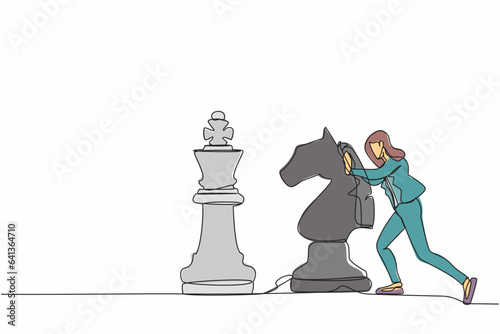 Single one line drawing happy businesswoman push huge horse chess piece to beat king. Strategic thinking and smart move in business play game. Continuous line draw design graphic vector illustration