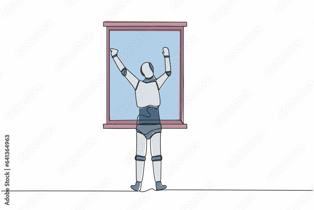 Continuous one line drawing back view relaxed robot stretching arms in window. Good morning concept. Humanoid cybernetic organism. Robotic development. Single line graphic design vector illustration Continuous one line drawing back view relaxed robot stretching arms in window. Good morning concept. Humanoid cybernetic organism. Robotic development. Single line graphic design vector illustration