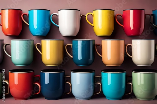 Multicolored ceramic cups on blue background 