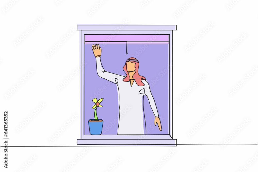 Single one line drawing Arab male waving at window as look like to greet or invite people to come in. Man looking out from apartment from windowsill. Continuous line design graphic vector illustration Single one line drawing Arab male waving at window as look like to greet or invite people to come in. Man looking out from apartment from windowsill. Continuous line design graphic vector illustration