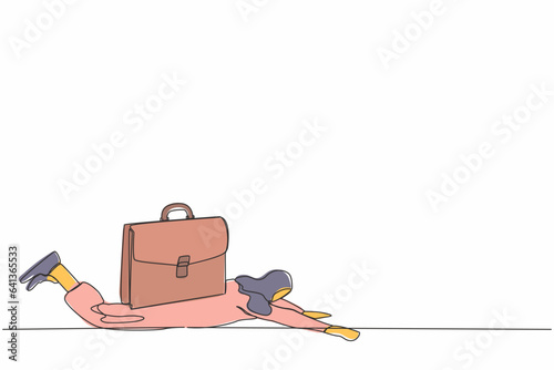 Single continuous line drawing Arabian businesswoman under heavy briefcase burden. Difficulty business task. Pressure workload. Anxiety from work and overload. One line draw design vector illustration