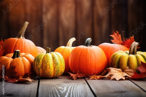 Pumpkins and autumn leaves arranged neatly on a wooden table - Fall Festivity - for text overlay - AI Generated